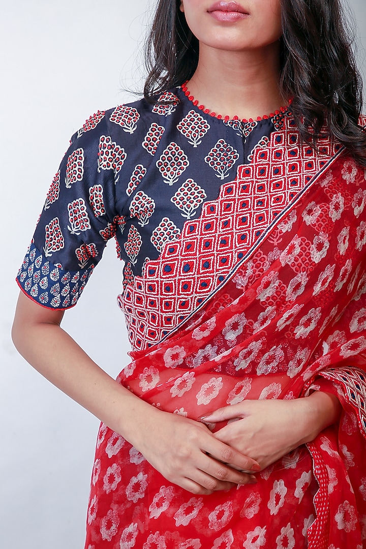Red Floral Printed Party Wear Saree Set by Soumodeep Dutta at Pernia's Pop Up Shop
