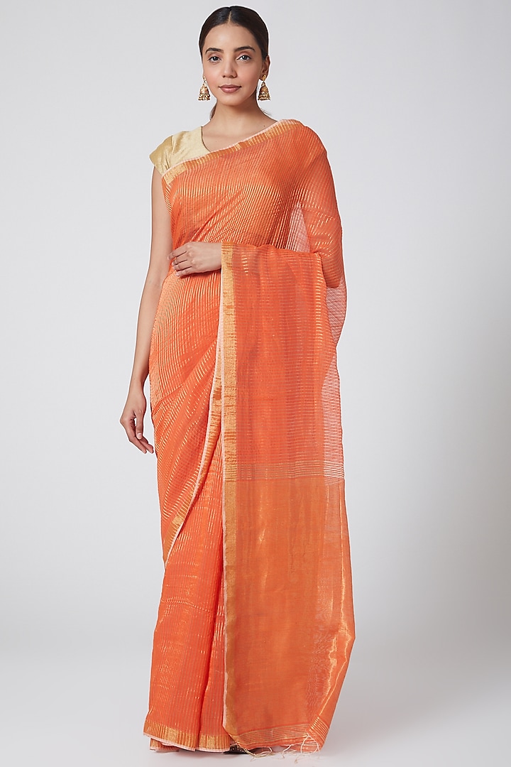 Orange & Gold Striped Saree by Soumodeep Dutta