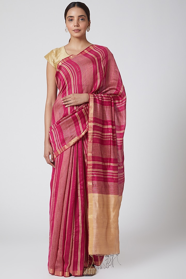 Fuchsia Pink & Beige Striped Saree by Soumodeep Dutta