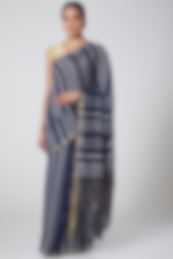 Indigo Blue & Grey Striped Saree by Soumodeep Dutta