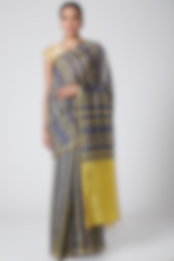 Grey & Mustard Striped Handwoven Silk Saree by Soumodeep Dutta