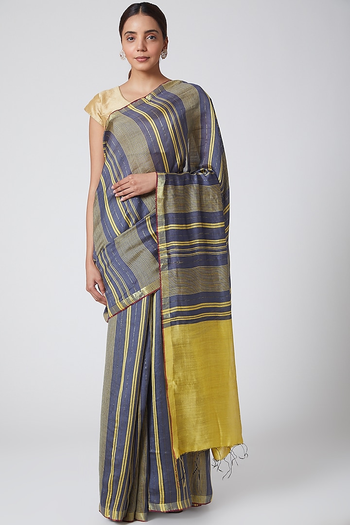 Grey & Mustard Striped Handwoven Silk Saree by Soumodeep Dutta