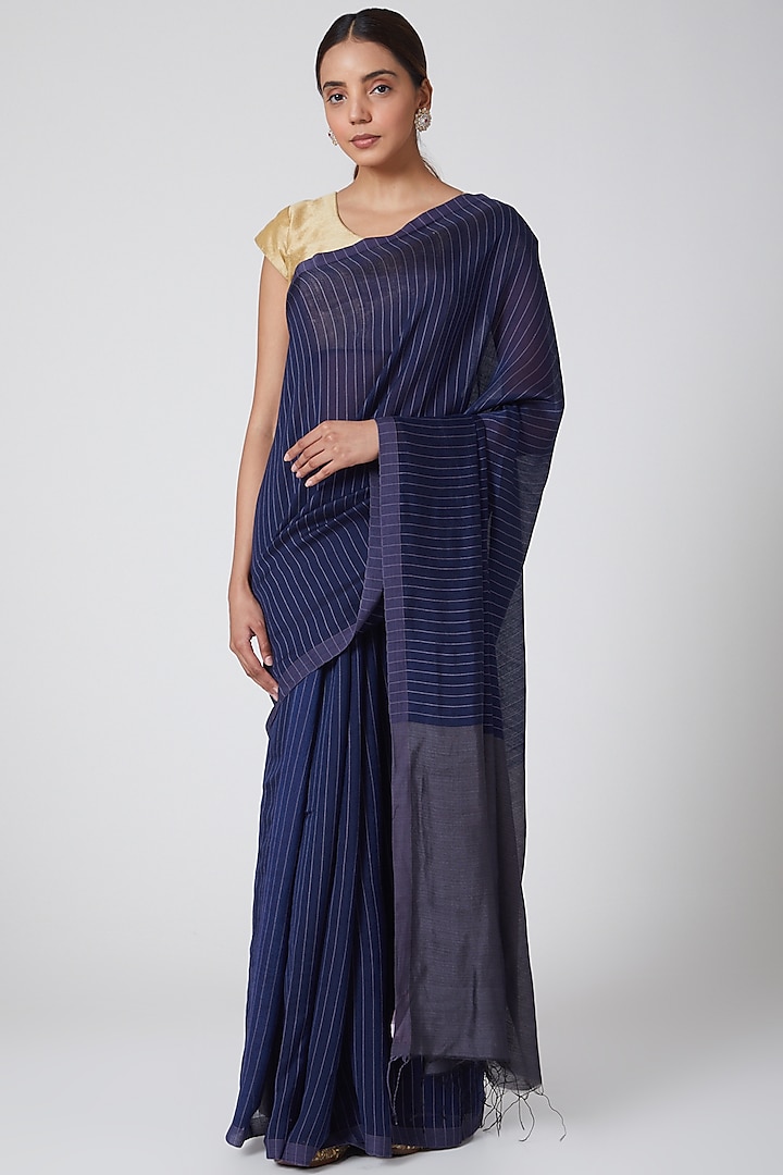 Indigo Blue & Grey Handwoven Silk Saree by Soumodeep Dutta