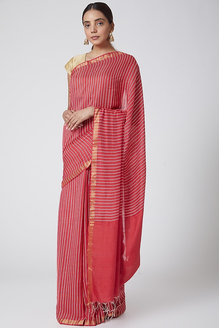 Red & White Handwoven Silk Saree by Soumodeep Dutta
