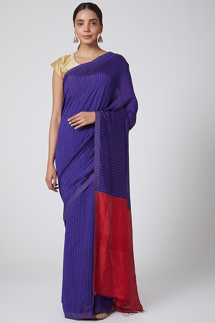 Royal Blue & Red Handwoven Silk Saree by Soumodeep Dutta
