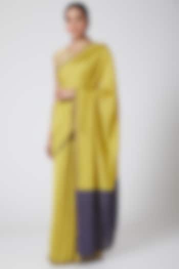 Mustard & Grey Handwoven Silk Saree Set by Soumodeep Dutta