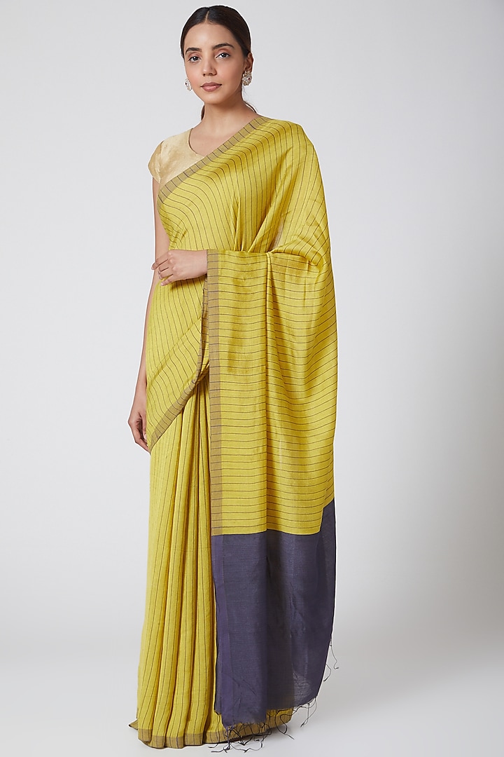 Mustard & Grey Handwoven Silk Saree Set by Soumodeep Dutta