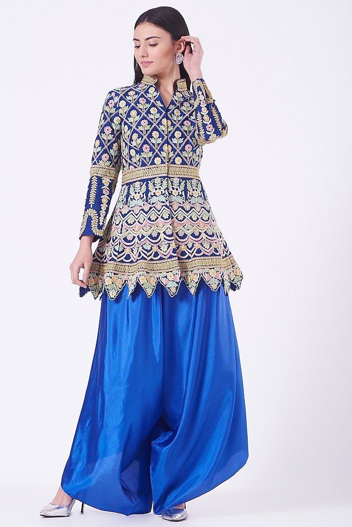 Cobalt Blue Blended Silk Dhoti Set by Sonali Gupta