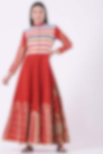 Red Blended Silk Anarkali Set by Sonali Gupta
