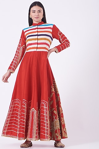 Red Blended Silk Anarkali Set by Sonali Gupta