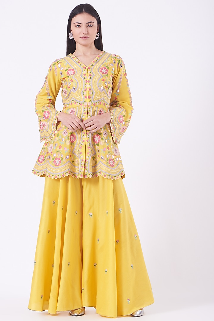 Butter Yellow Blended Silk Pant Set by Sonali Gupta
