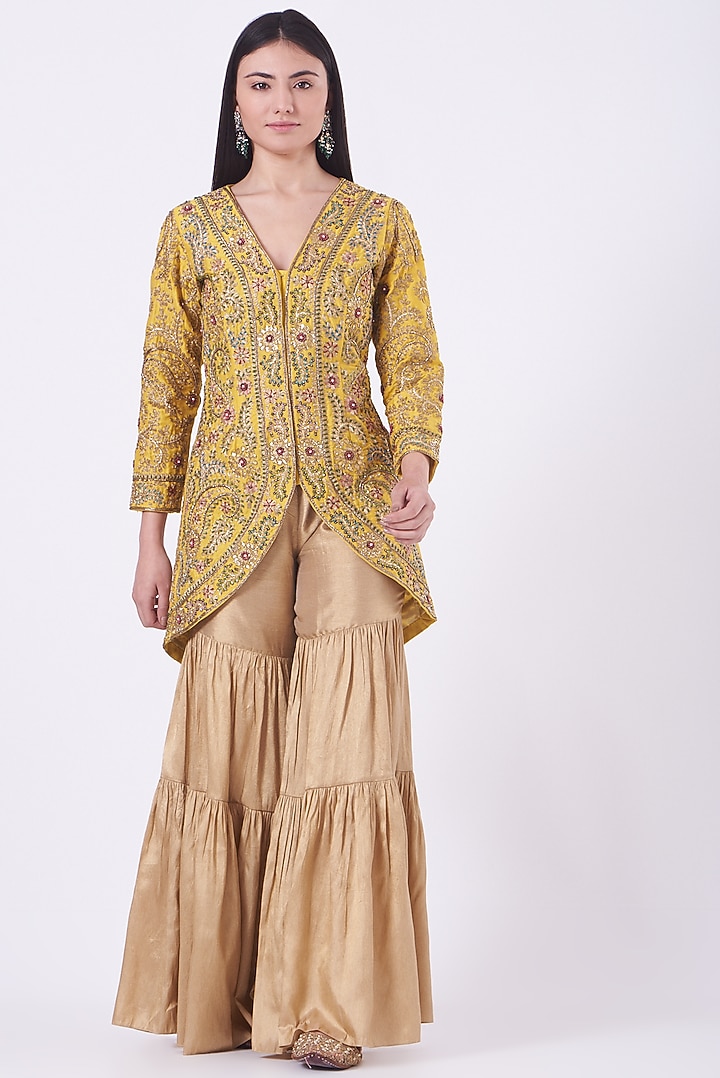 Aurora Yellow Embroidered Jacket Set by Sonali Gupta at Pernia's Pop Up Shop
