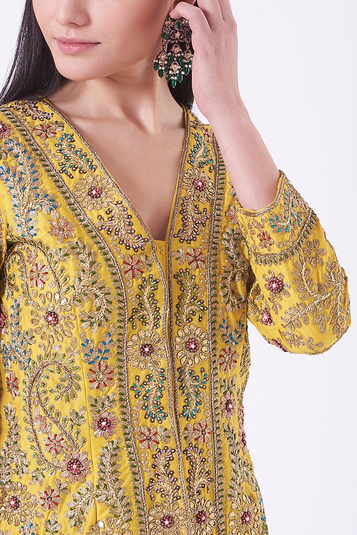 Aurora Yellow Embroidered Jacket Set by Sonali Gupta at Pernia's Pop Up Shop