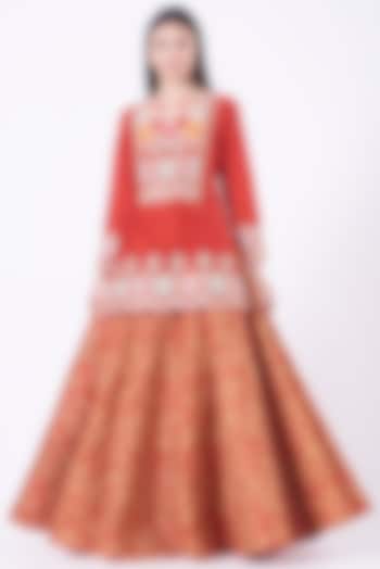 Coral Red Blended Silk Skirt Set by Sonali Gupta