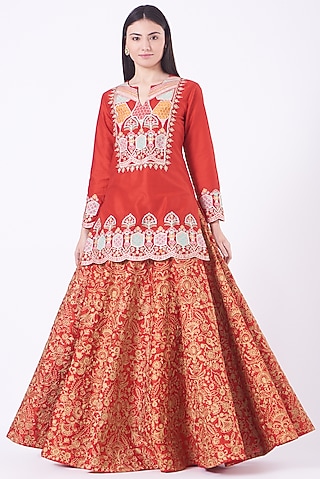 Coral Red Blended Silk Skirt Set by Sonali Gupta