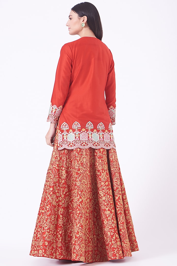 Coral Red Blended Silk Skirt Set by Sonali Gupta at Pernia's Pop Up Shop
