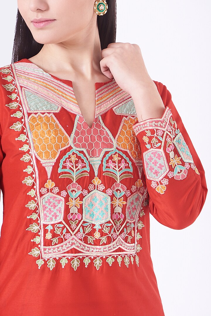 Coral Red Blended Silk Skirt Set by Sonali Gupta at Pernia's Pop Up Shop