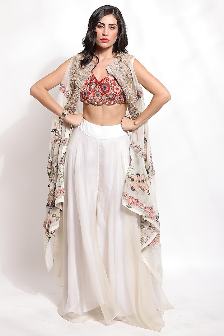 Off-White Hand Embroidered Cape Set by Sonali Gupta at