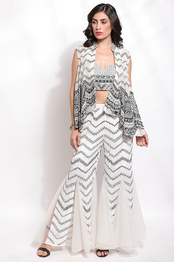 White & Black Hand Embroidered Jacket Set by Sonali Gupta at Pernia's Pop Up Shop