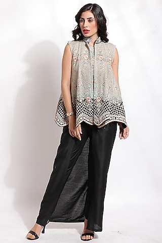 Grey Silk & Cotton Embroidered Jacket Set by Sonali Gupta