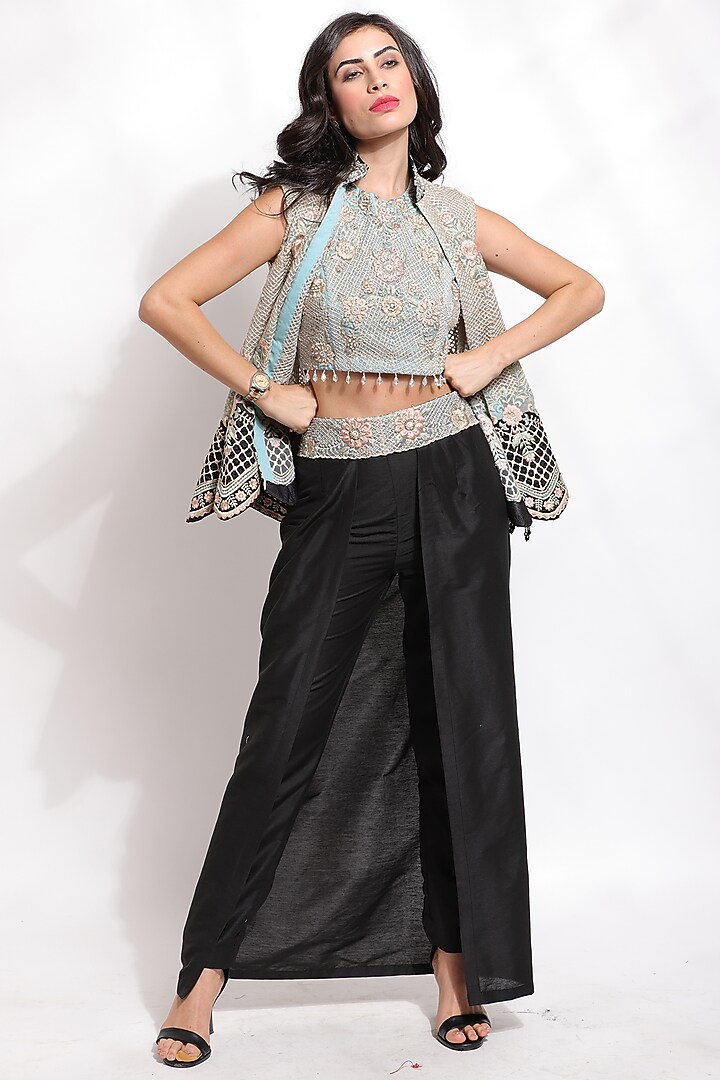 Grey Silk & Cotton Embroidered Jacket Set by Sonali Gupta at Pernia's Pop Up Shop