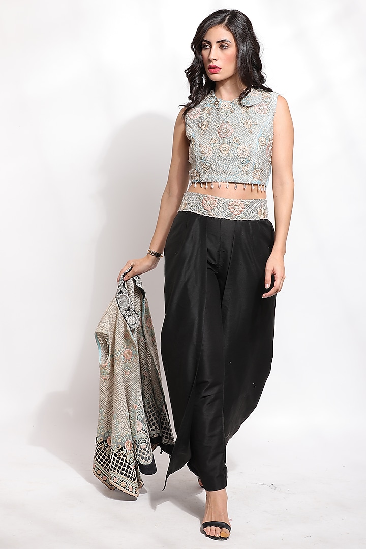 Grey Silk & Cotton Embroidered Jacket Set by Sonali Gupta at Pernia's Pop Up Shop