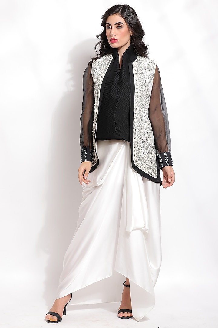 White Silk & Cotton Draped Skirt Set by Sonali Gupta