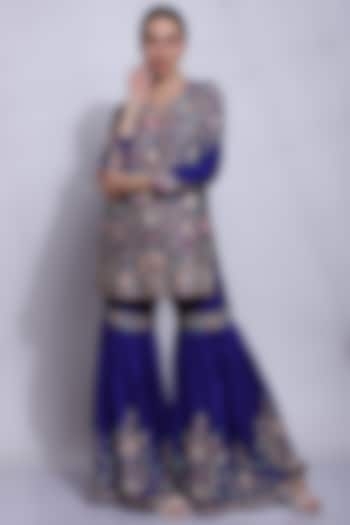 Blue Silk & Cotton Chikan Parsi Embroidered Sharara Set by Sonali Gupta at Pernia's Pop Up Shop