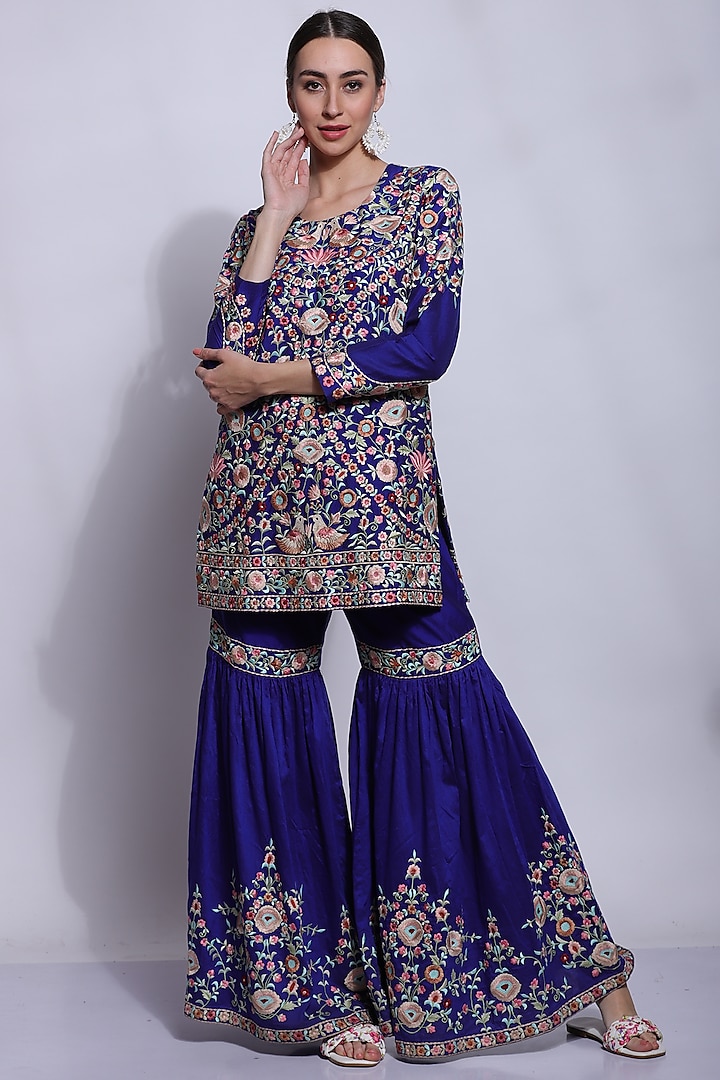 Blue Silk & Cotton Chikan Parsi Embroidered Sharara Set by Sonali Gupta at Pernia's Pop Up Shop