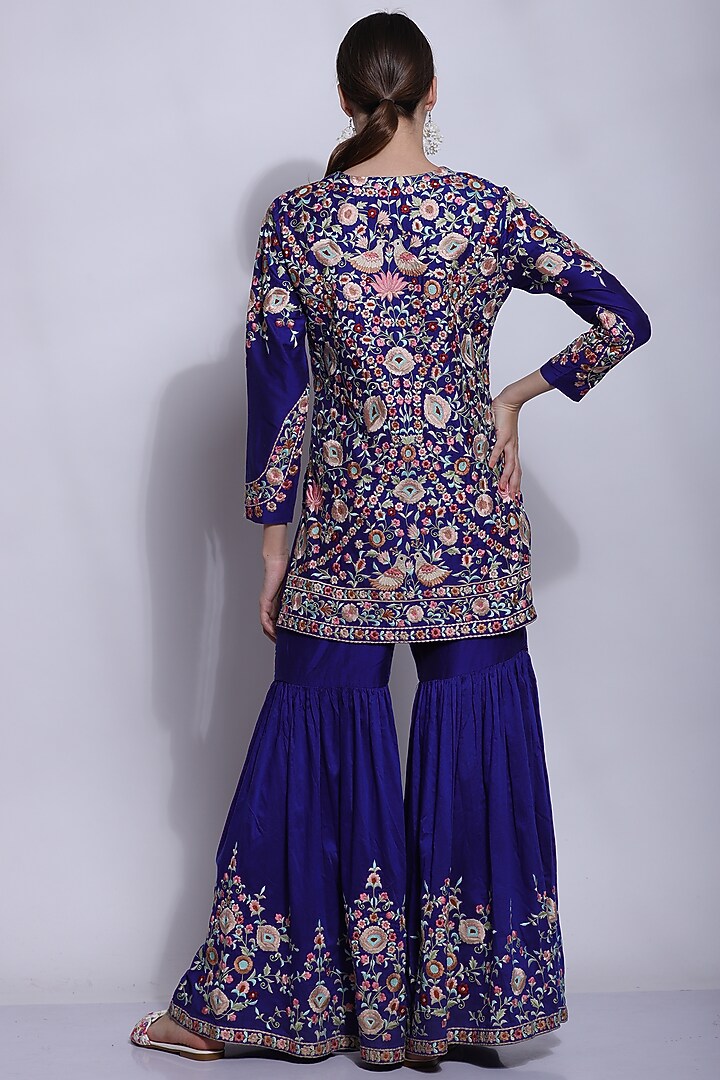 Blue Silk & Cotton Chikan Parsi Embroidered Wedding Sharara Set by Sonali Gupta at Pernia's Pop Up Shop