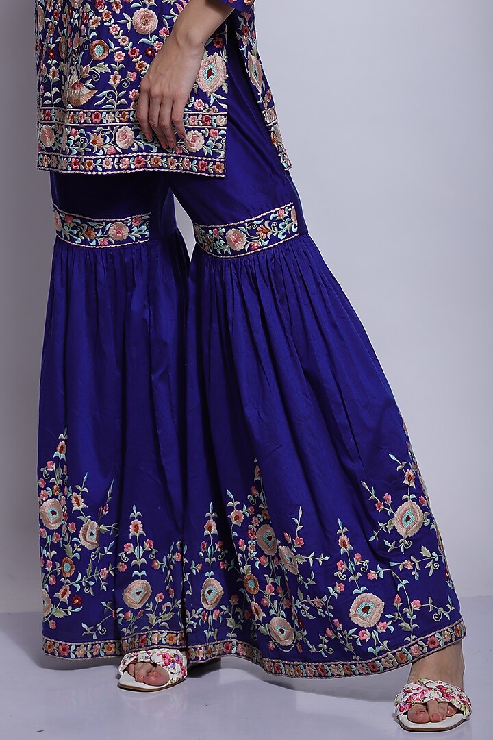 Blue Silk & Cotton Chikan Parsi Embroidered Wedding Sharara Set by Sonali Gupta at Pernia's Pop Up Shop