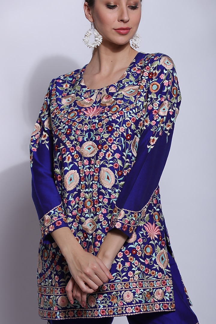 Blue Silk & Cotton Chikan Parsi Embroidered Wedding Sharara Set by Sonali Gupta at Pernia's Pop Up Shop