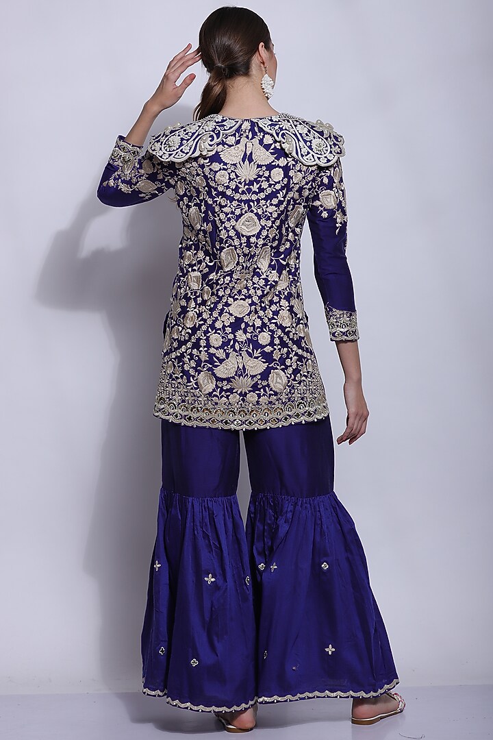 Blue Silk & Cotton Chikan Parsi Embroidered Wedding Sharara Set by Sonali Gupta at Pernia's Pop Up Shop