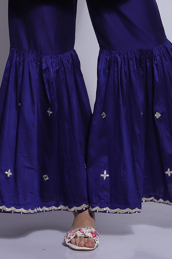 Blue Silk & Cotton Chikan Parsi Embroidered Wedding Sharara Set by Sonali Gupta at Pernia's Pop Up Shop