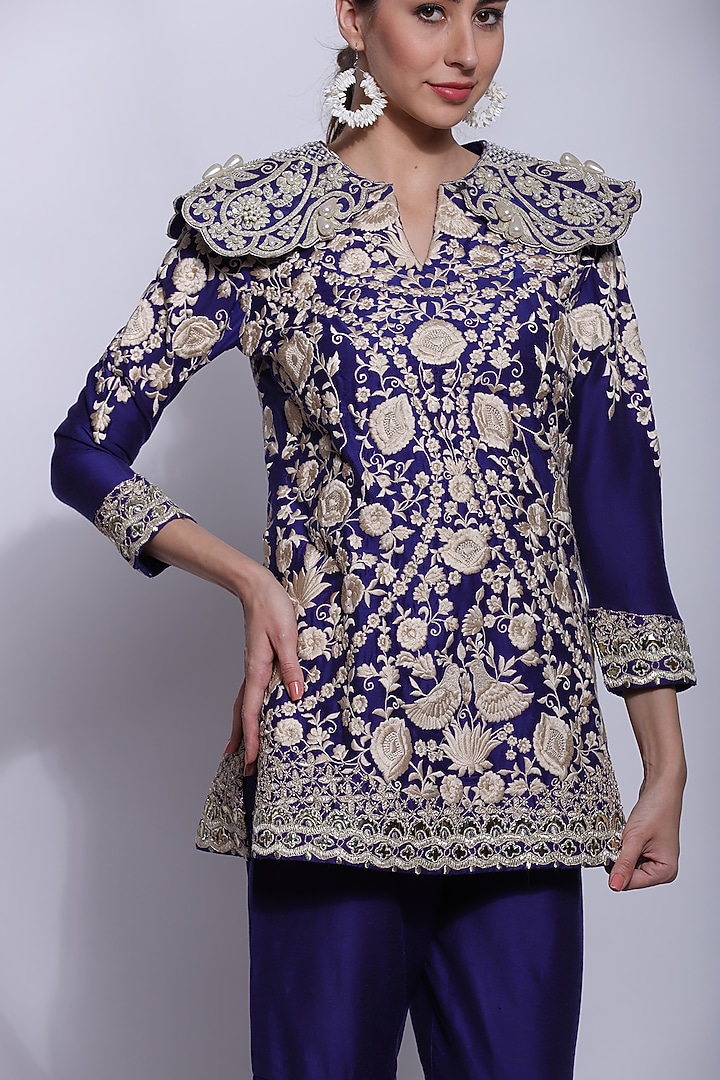 Blue Silk & Cotton Chikan Parsi Embroidered Wedding Sharara Set by Sonali Gupta at Pernia's Pop Up Shop