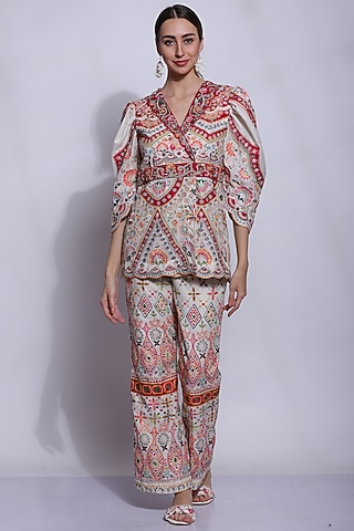 Ecru Silk & Cotton Embroidered Jacket Set by Sonali Gupta