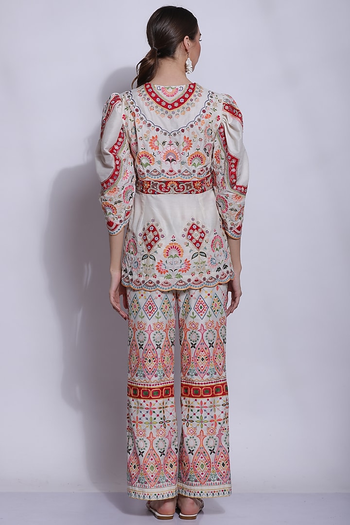 Ecru Silk & Cotton Embroidered Jacket Set by Sonali Gupta at Pernia's Pop Up Shop