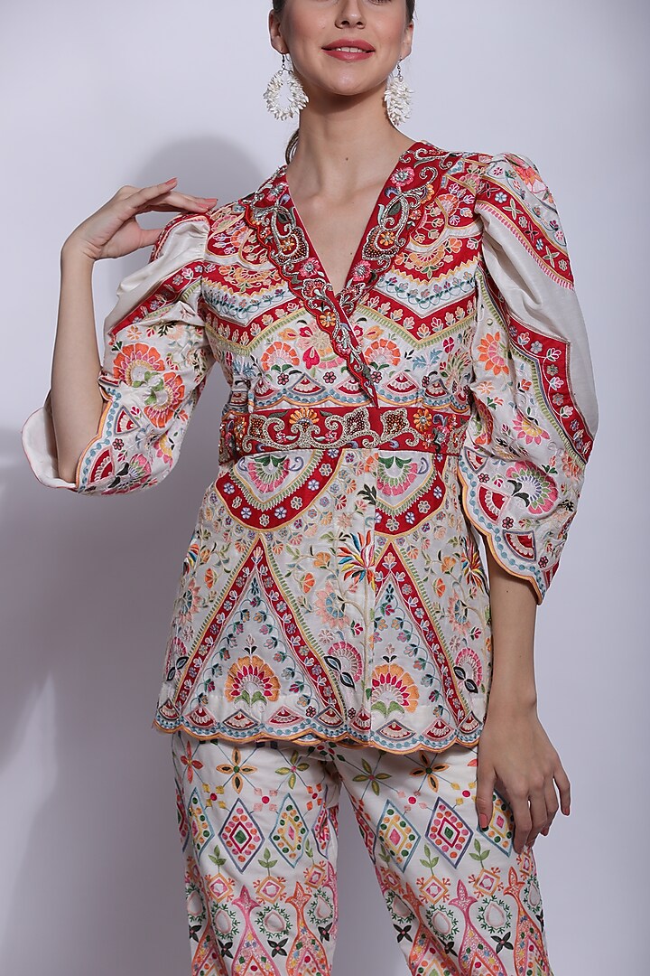 Ecru Silk & Cotton Embroidered Jacket Set by Sonali Gupta at Pernia's Pop Up Shop