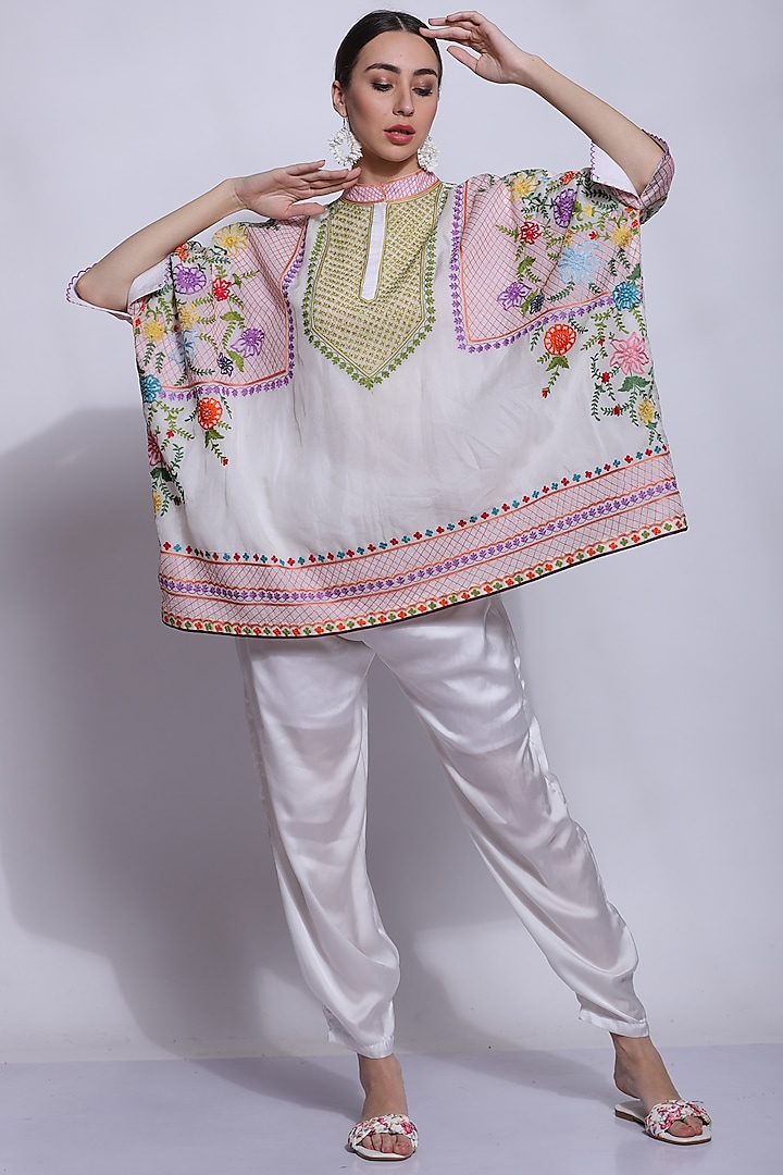 White Silk Embroidered Kaftan Set by Sonali Gupta