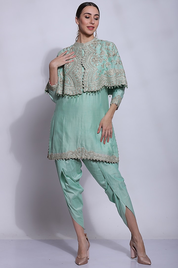 Sea Green Silk & Cotton Dhoti Set by Sonali Gupta