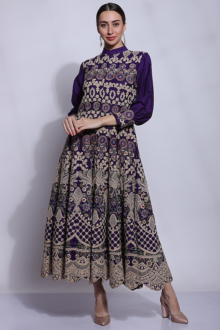 Purple Silk & Cotton Embroidered Anarkali by Sonali Gupta
