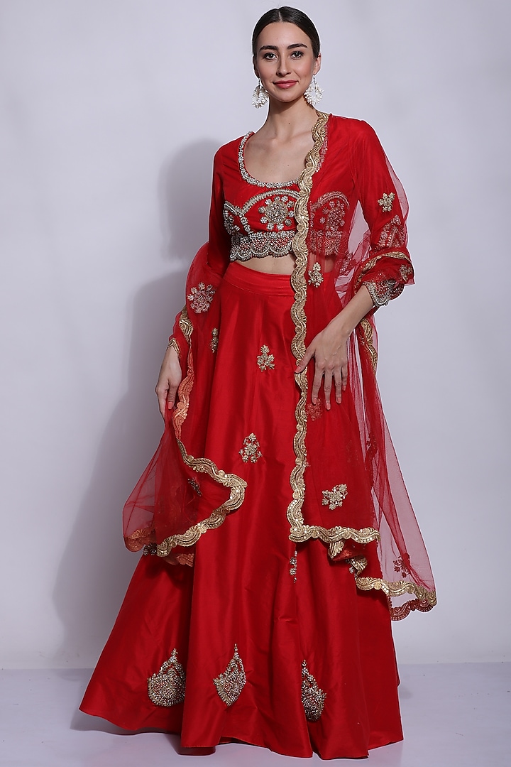 Red Silk Embroidered Lehenga Set by Sonali Gupta