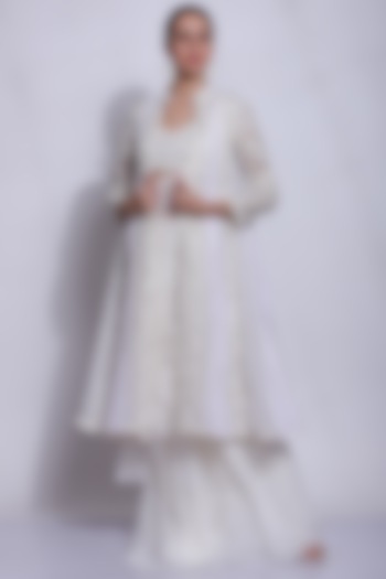 White Silk Embroidered Saree Jacket Saree Set by Sonali Gupta