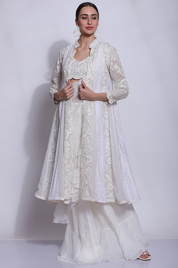 White Silk Jacket Saree Set by Sonali Gupta