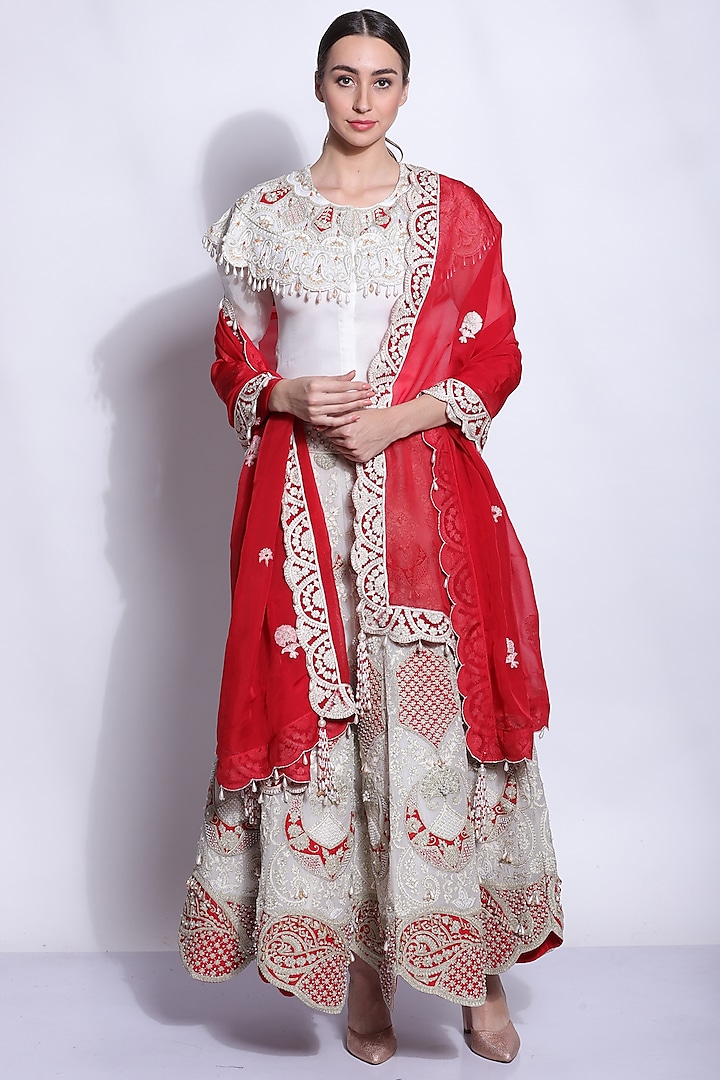White Silk Embroidered Lehenga Set by Sonali Gupta