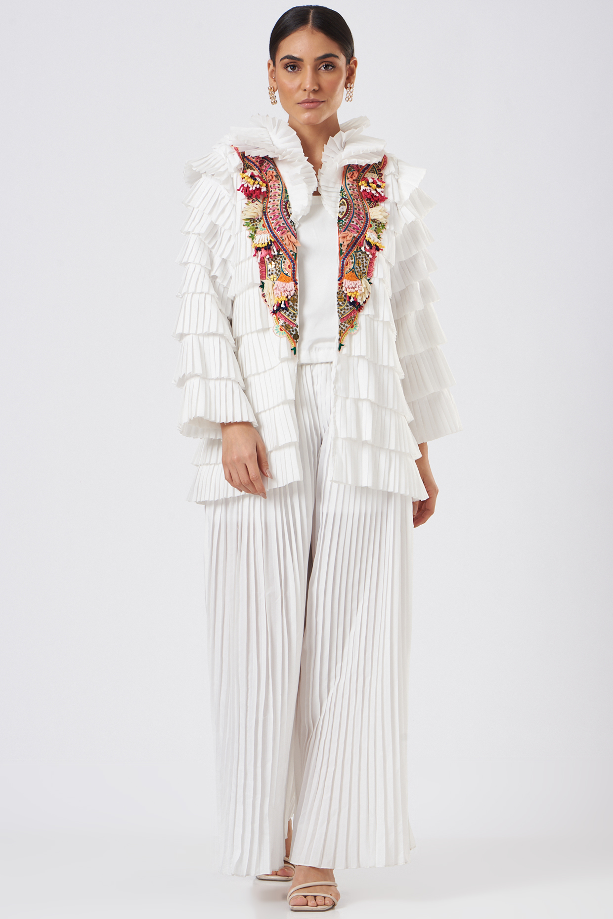 White Polyester Embroidered Jacket Set  by Sonali Gupta at Pernia's Pop Up Shop