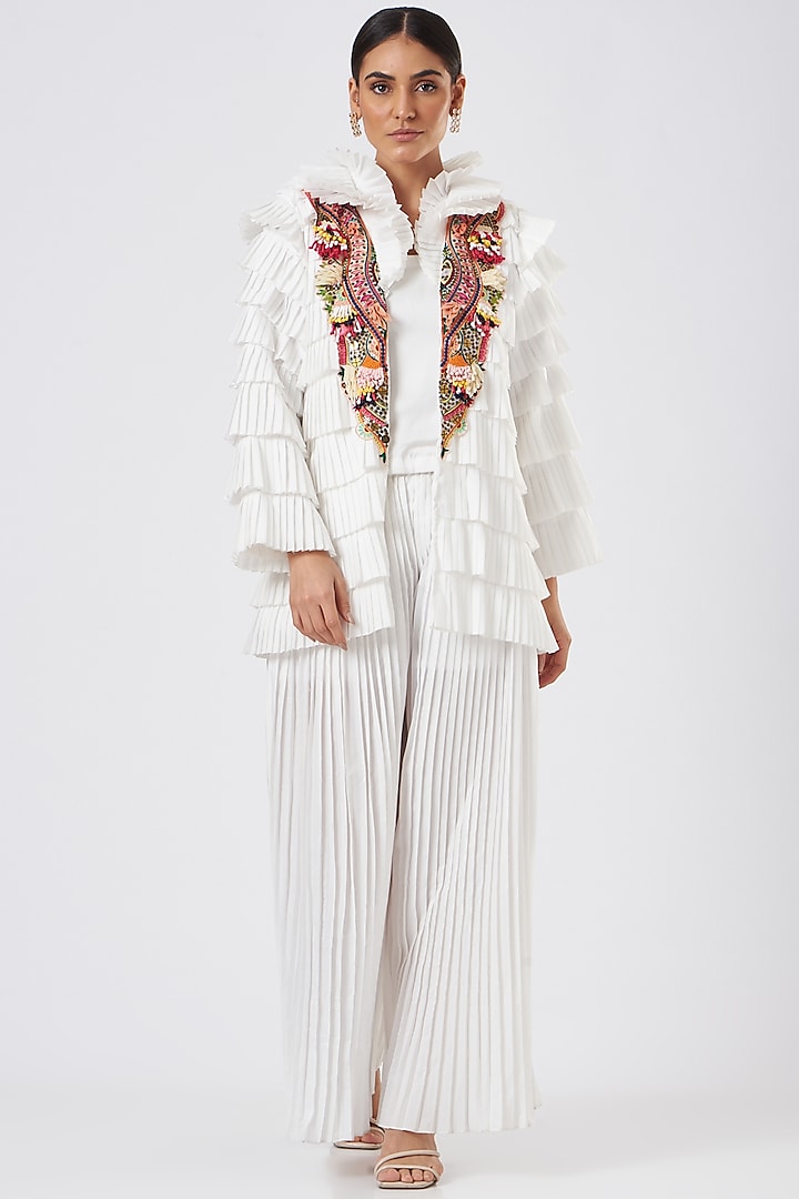 White Polyester Embroidered Jacket Set  by Sonali Gupta