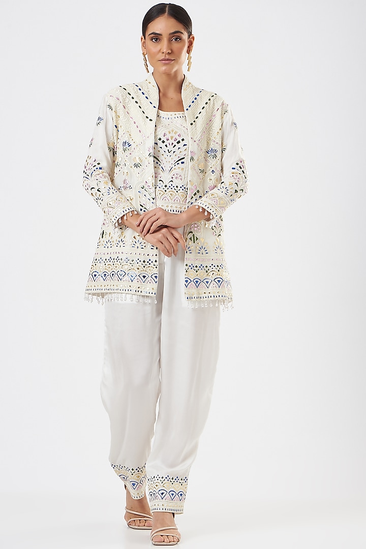 White Embroidered Jacket Set by Sonali Gupta