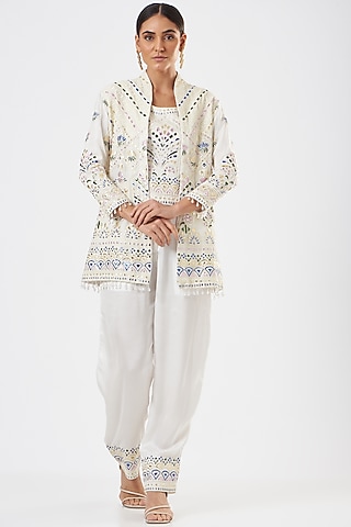 White Embroidered Jacket Set by Sonali Gupta
