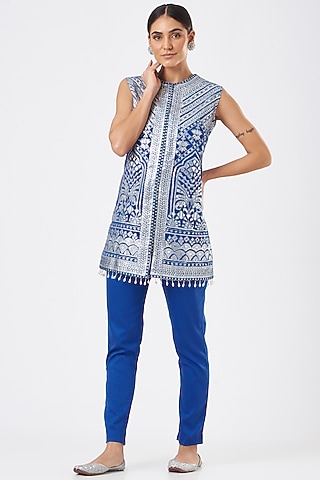 Blue Pure Silk Pencil Pant Set by Sonali Gupta